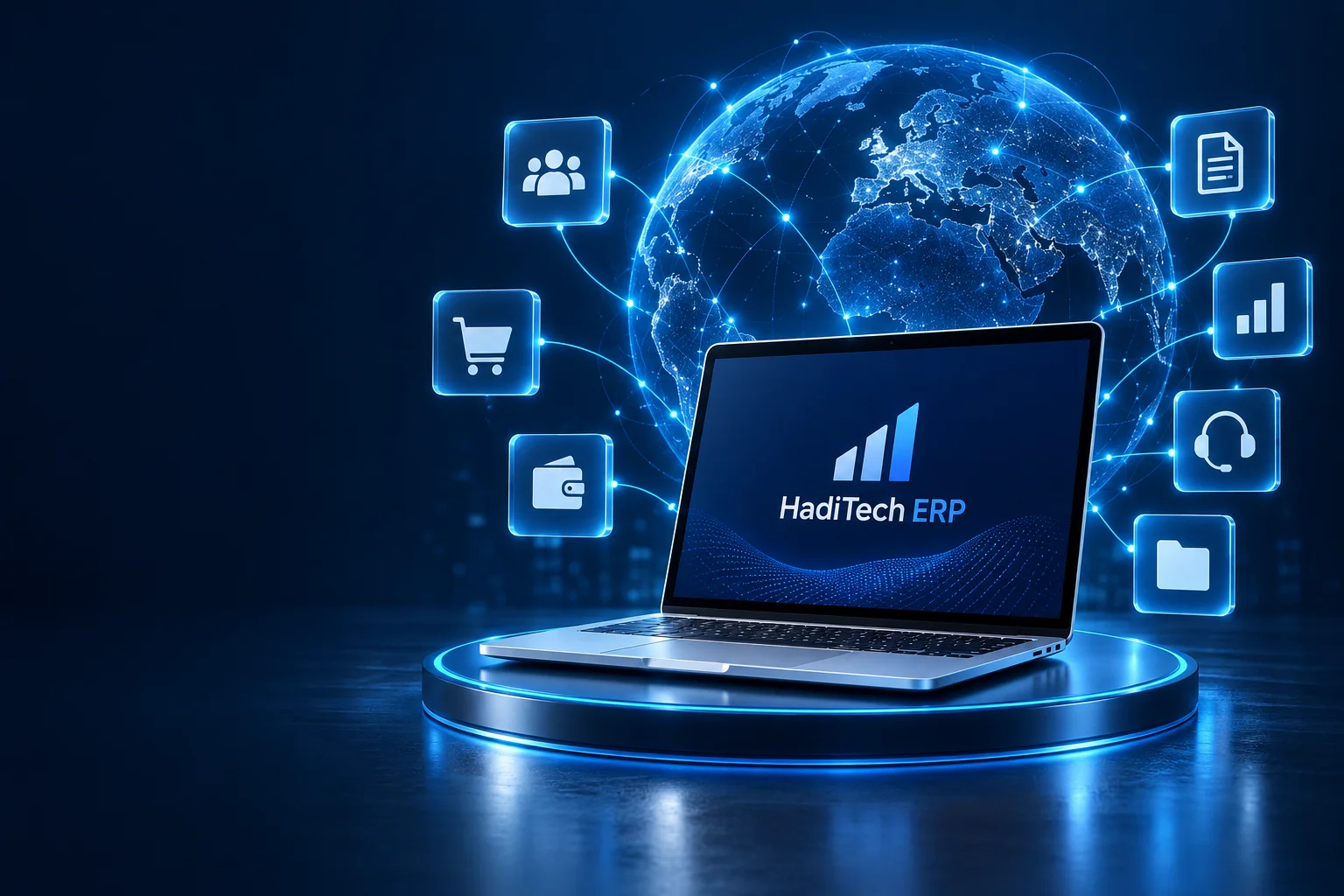 Illustration HadiTech ERP : ordinateur et applications métiers connectées