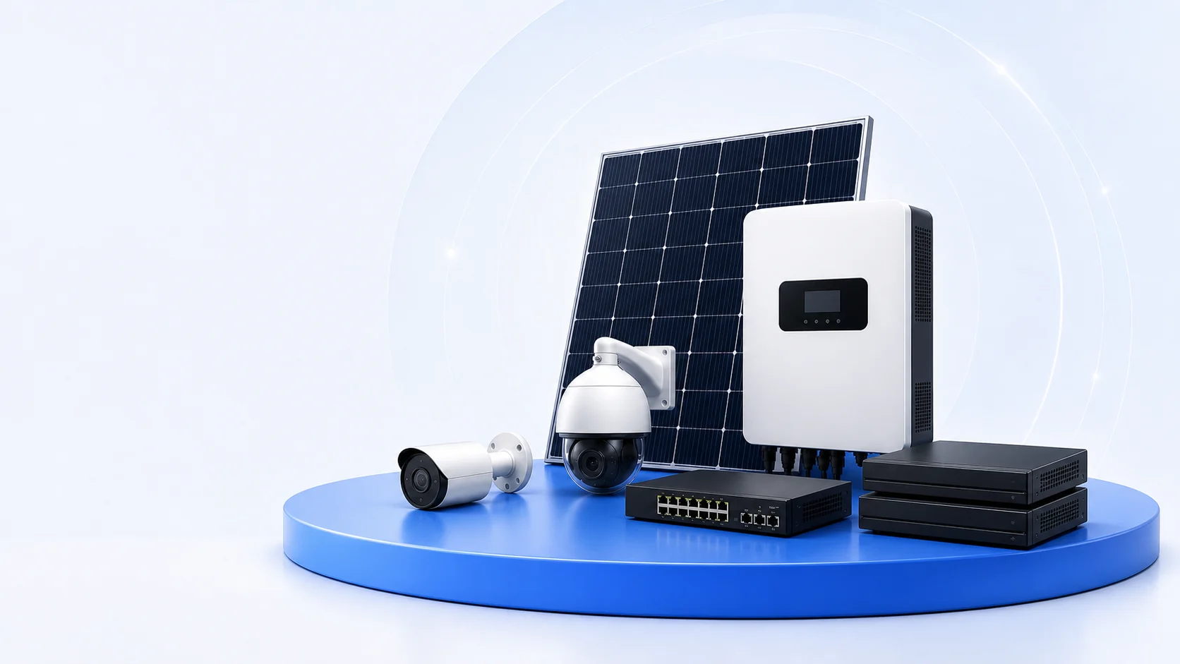 Panneau solaire, onduleur, caméras et équipements réseau présentés sur un socle bleu